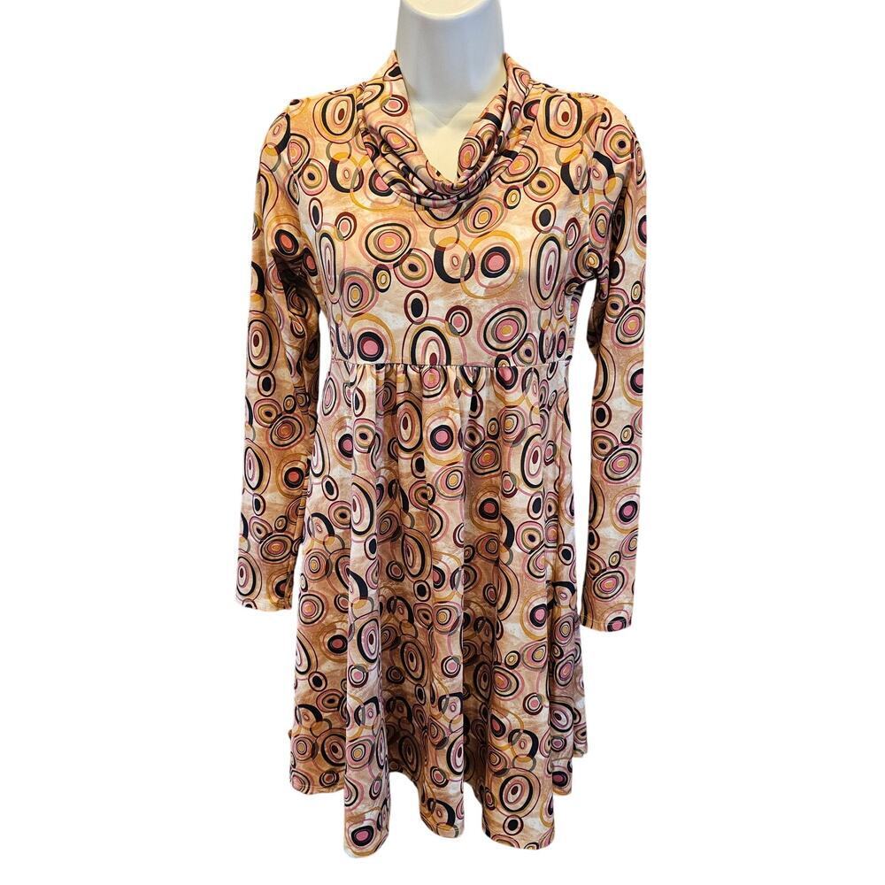Isle sz S cowl neck geometric midi shift dress retro 90s long sleeve stretch fun